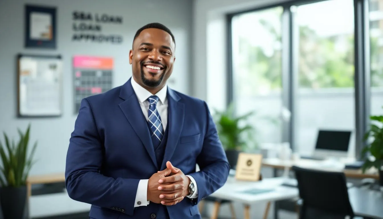 A confident small business owner stands proudly, having successfully secured a more a versatile loan, which offers competitive interest rates and flexible terms. The image conveys a sense of accomplishment and optimism for future growth in their business endeavors.