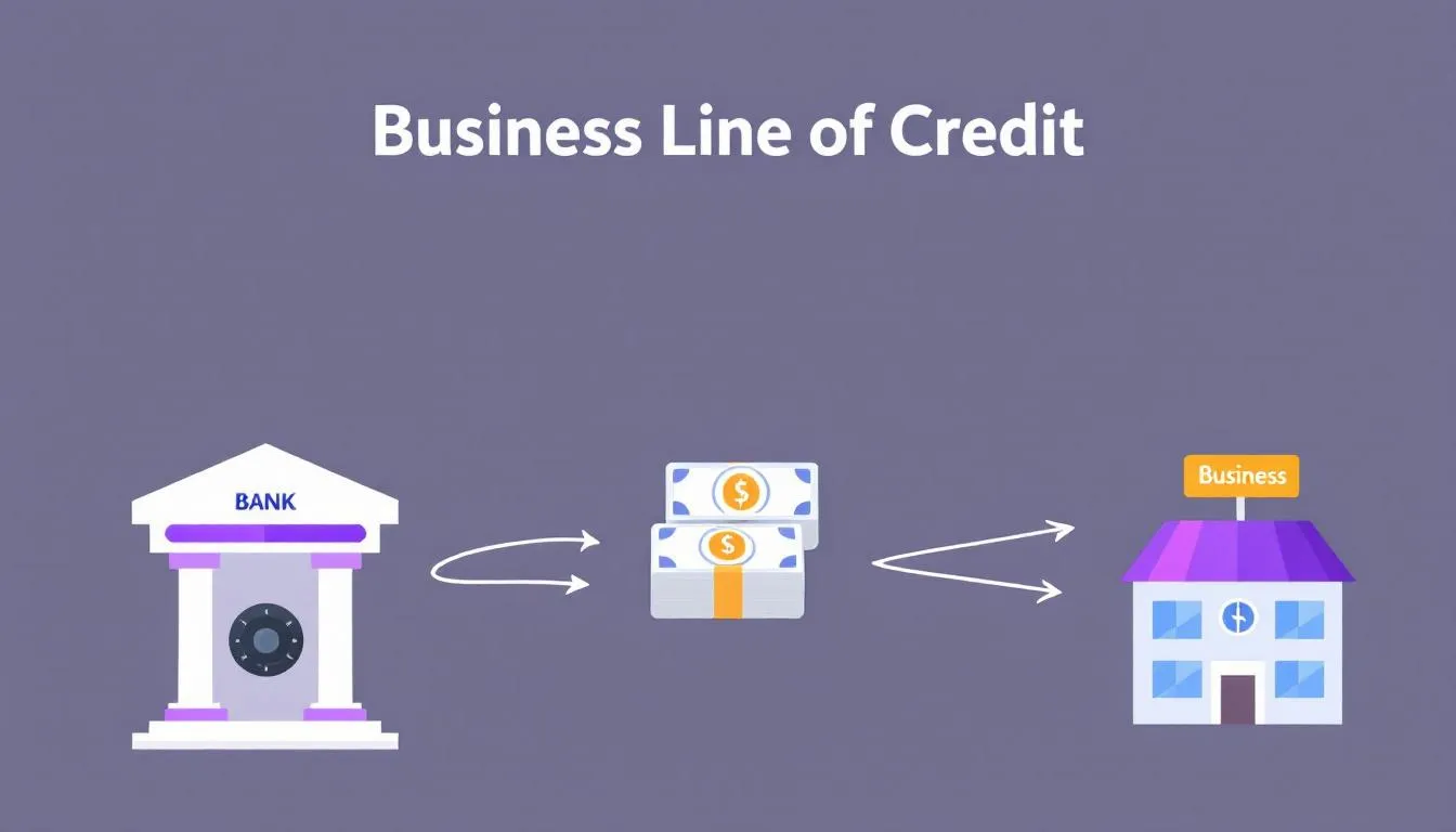 The image depicts a visual representation of a business line of credit, featuring an icon of a bank, an arrow leading to an icon of cash, followed by another arrow pointing to an icon symbolizing a business. This illustration emphasizes the connection between securing funds through a business loan and managing cash flow for small business owners.