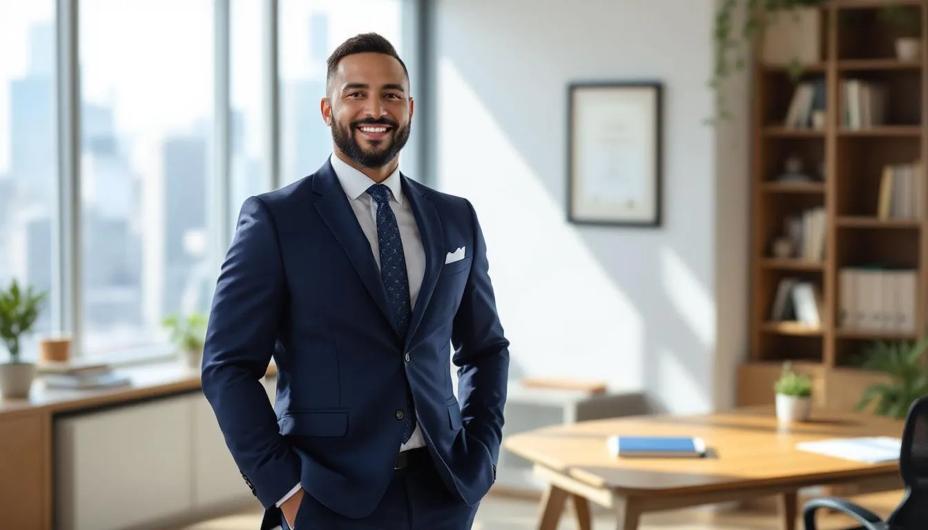 A confident small business owner stands proudly in their office, having successfully secured a small business loan using collateral. The image conveys a sense of achievement, highlighting the importance of collateral in obtaining favorable loan terms for business growth and working capital.