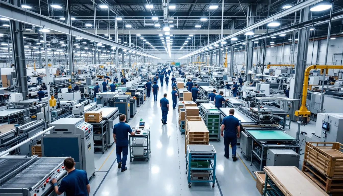 The image depicts a bustling factory floor filled with workers and machinery, illustrating a thriving manufacturing business. The scene suggests successful operations in the manufacturing industry, highlighting the importance of business loans and financing options for small businesses to enhance production capabilities and improve cash flow.