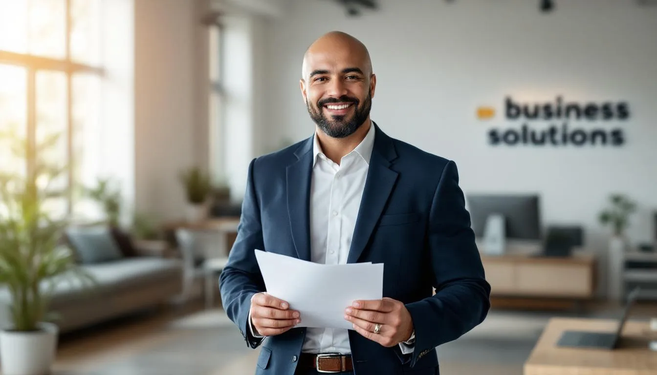 A confident small business owner stands proudly, having successfully secured a business line of credit with competitive interest rates, ready to manage cash flow and tackle unexpected expenses. The image conveys a sense of achievement in business financing, highlighting the importance of credit lines in supporting small businesses.