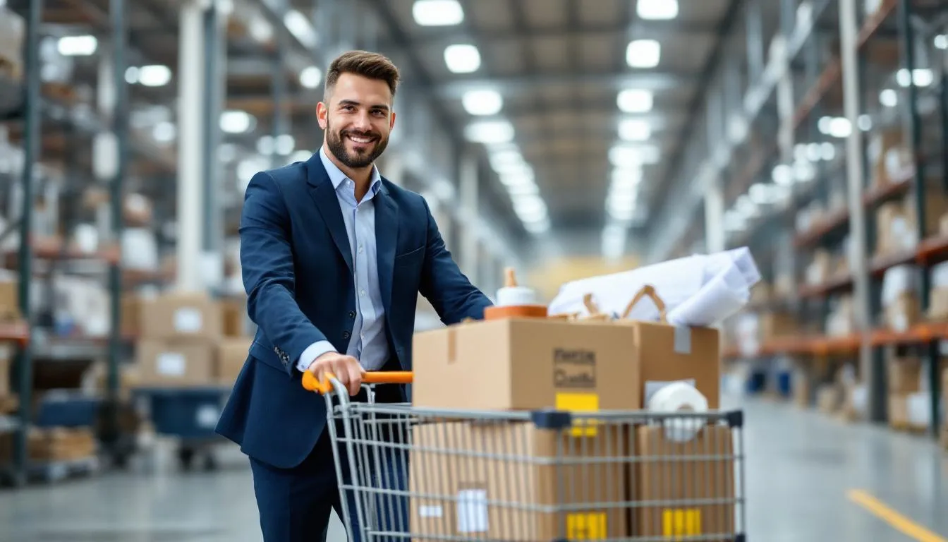 A small business owner confidently pushes a shopping cart filled with various business supplies inside a large warehouse that resembles either a Costco or Sam's Club, showcasing the bustling environment typical of big box stores. The image captures the essence of smart spending habits and the importance of utilizing a business credit card for efficient purchases.