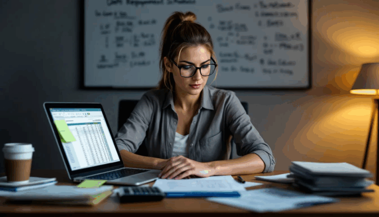 Cost of Debt Formula - A small business owner is focused on calculating the cost of debt while reviewing a potential business loan, using a calculator to analyze interest expenses and tax savings. The scene emphasizes the importance of understanding the after-tax cost of debt in relation to the company's capital structure and financial health.