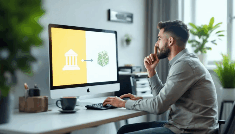 Withdrawing Cash from a Business Line of Credit - A small business owner is focused on a computer screen displaying an icon of a bank, with an arrow leading to a stack of cash. The title on the screen reads "Withdrawing Cash from a Business Line of Credit," highlighting the process of accessing funds from a business line for various expenses.