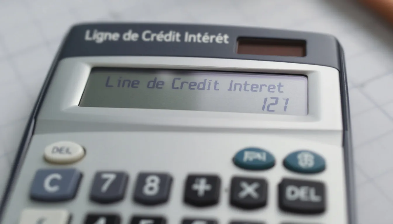 A calculator is prominently displaying the phrase "Line of Credit Interest" on its screen, symbolizing the tool used to calculate interest on revolving credit and loan payments. This image represents the financial concept of managing outstanding balances and monthly payments related to lines of credit.