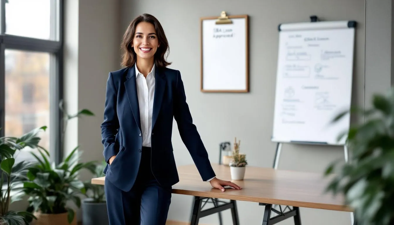 A confident small business entrepreneur stands proudly, having secured an SBA loan to fund their new startup. The image conveys their success and optimism, highlighting the importance of financial resources and planning for their business's future.