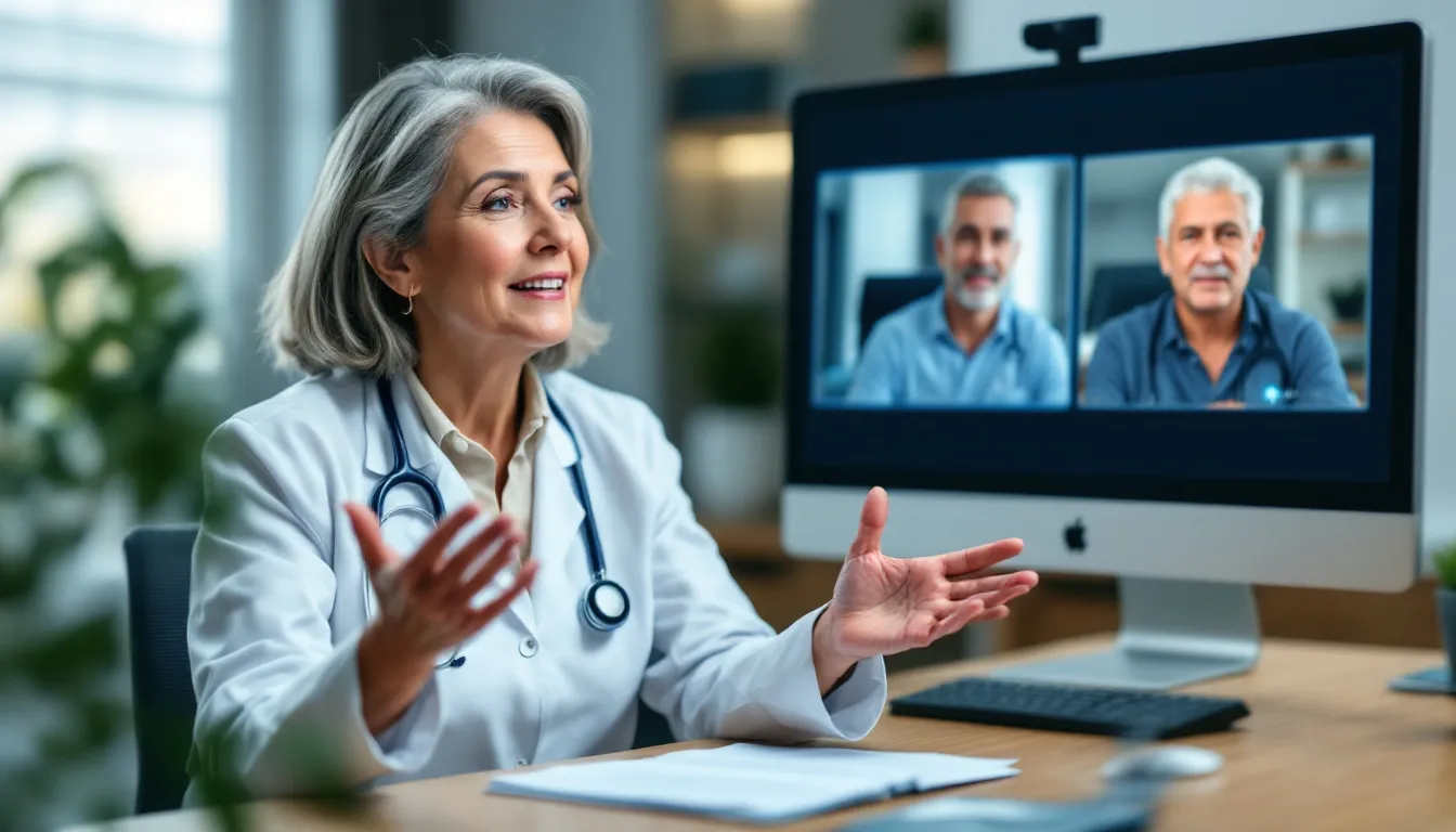 A doctor is engaged in a telehealth session with a patient, using a computer to provide medical advice and support remotely. This scene highlights the growing importance of telehealth services within the healthcare industry, enhancing healthcare accessibility for patients.