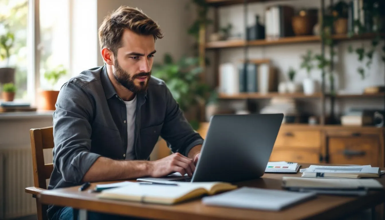 A small business owner is seated at a desk, surrounded by papers and a laptop, contemplating how a merchant cash advance works. They are focused on finding answers to questions about the potential impact on their credit and the costs associated with merchant cash advances, indicating their need for clarity on business financing options.