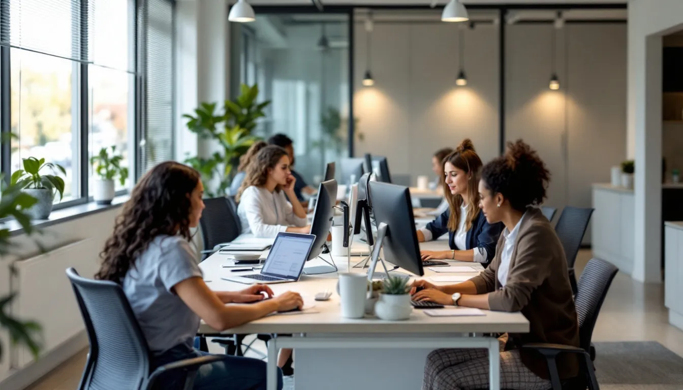 In a bustling medical billing office, employees are diligently working at their desks, processing healthcare documentation and managing patient records. This scene reflects the essential role of healthcare professionals in the healthcare industry, ensuring accurate billing for medical services and supporting healthcare providers.