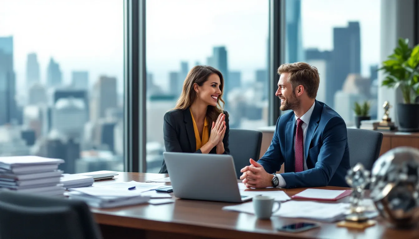 In an office setting, two small business owners are smiling and looking accomplished as they discuss their financial standing with a personal finance writer, highlighting the importance of establishing business credit and managing cash flow for their respective limited liability companies. They appear confident in separating their personal and business finances, which is crucial for building a positive business credit profile.