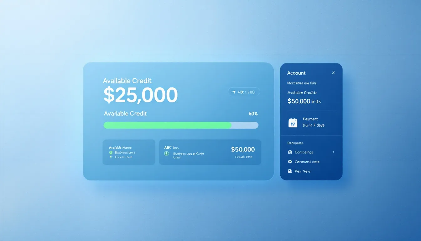 A digital display shows a simulated business line of credit account, featuring details such as the credit limit, outstanding balance, and monthly payments. The screen illustrates how to calculate interest on a revolving line of credit, providing a visual guide for borrowers to understand their financial options and obligations.