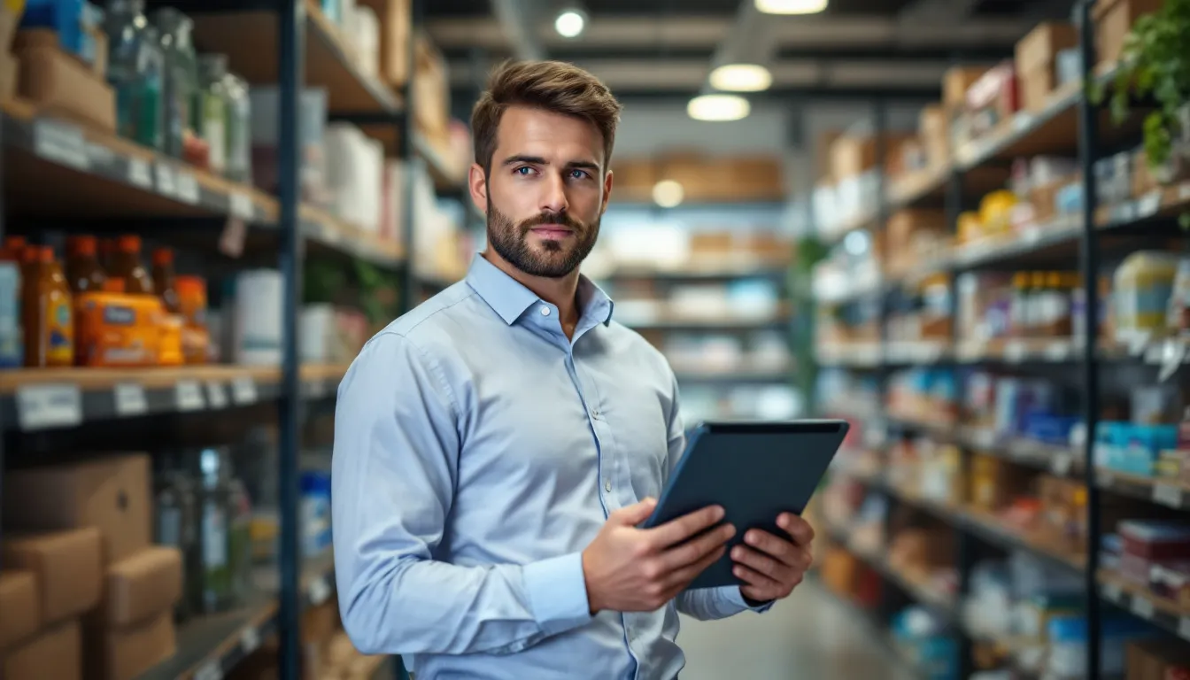 A confident small business owner stands in a well-stocked store, showcasing effective business inventory management and financing strategies. The scene highlights the importance of inventory levels and cash flow in meeting customer demand and ensuring successful business operations.