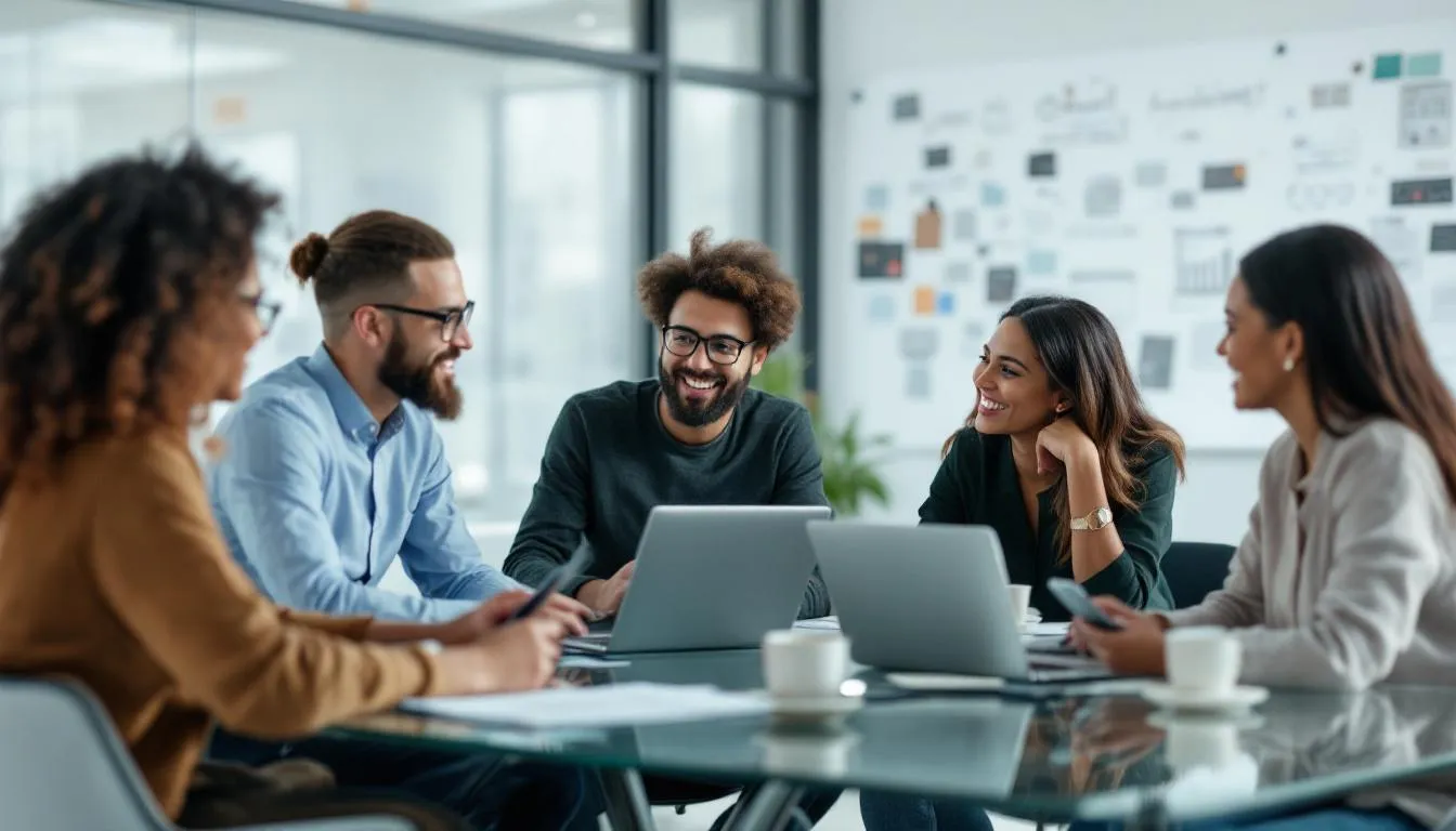 A small group of diverse entrepreneurs is engaged in a lively business meeting, discussing funding options for their tech startup, highlighting the excitement and challenges of securing financial resources such as SBA loans and long-term financing. They are focused on financial projections and strategies to manage cash flow while navigating eligibility requirements for various loan programs.