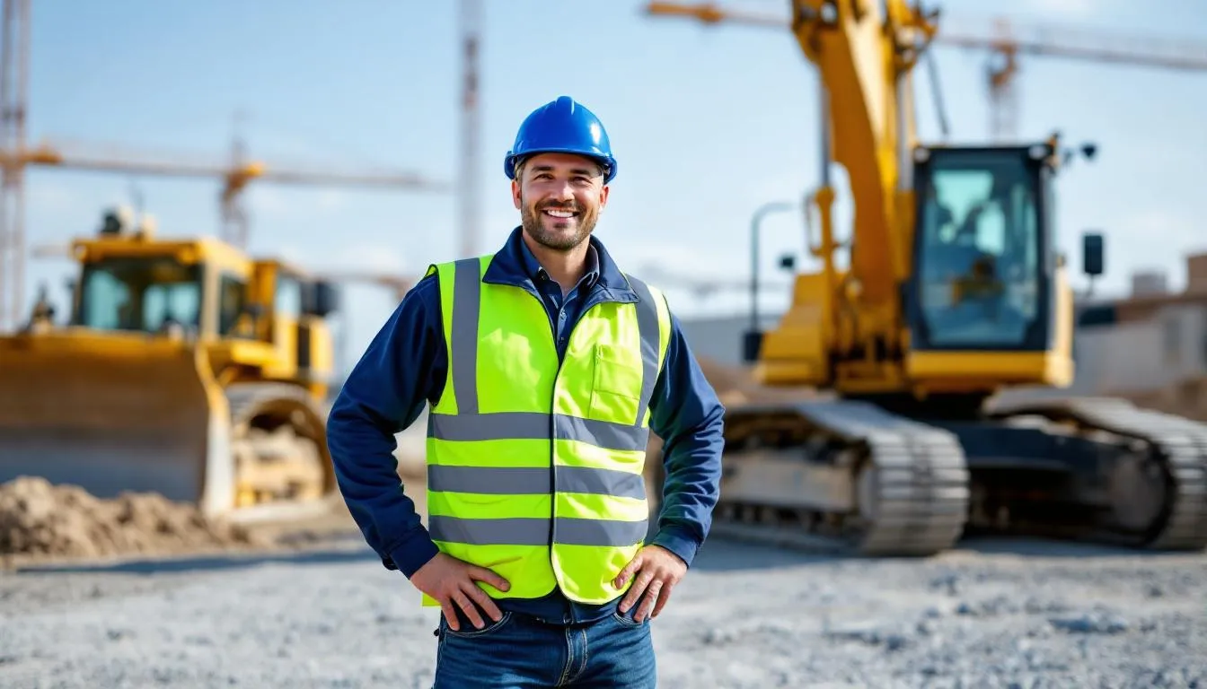 A confident construction contractor stands in front of costly heavy equipment, showcasing their success in the industry. The scene emphasizes the importance of equipment financing options, such as equipment loans and payment calculators, to manage the estimated monthly payments for new equipment purchases.