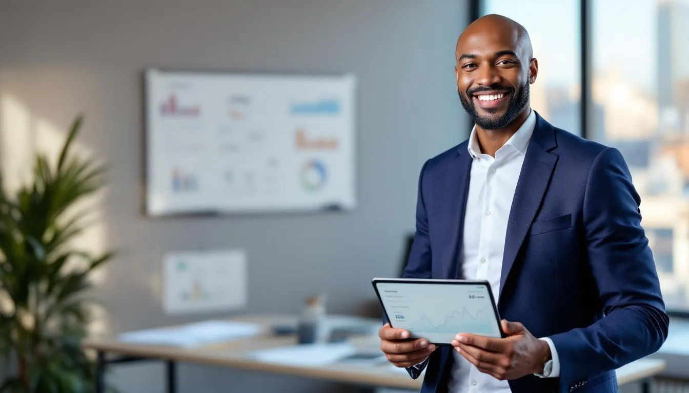 A confident small business owner stands in their office, smiling as they review their finances, having successfully utilized invoice discounting to improve cash flow and manage unpaid invoices. The scene reflects their triumph over cash flow challenges, showcasing the benefits of immediate access to funds through an invoice discounting service.