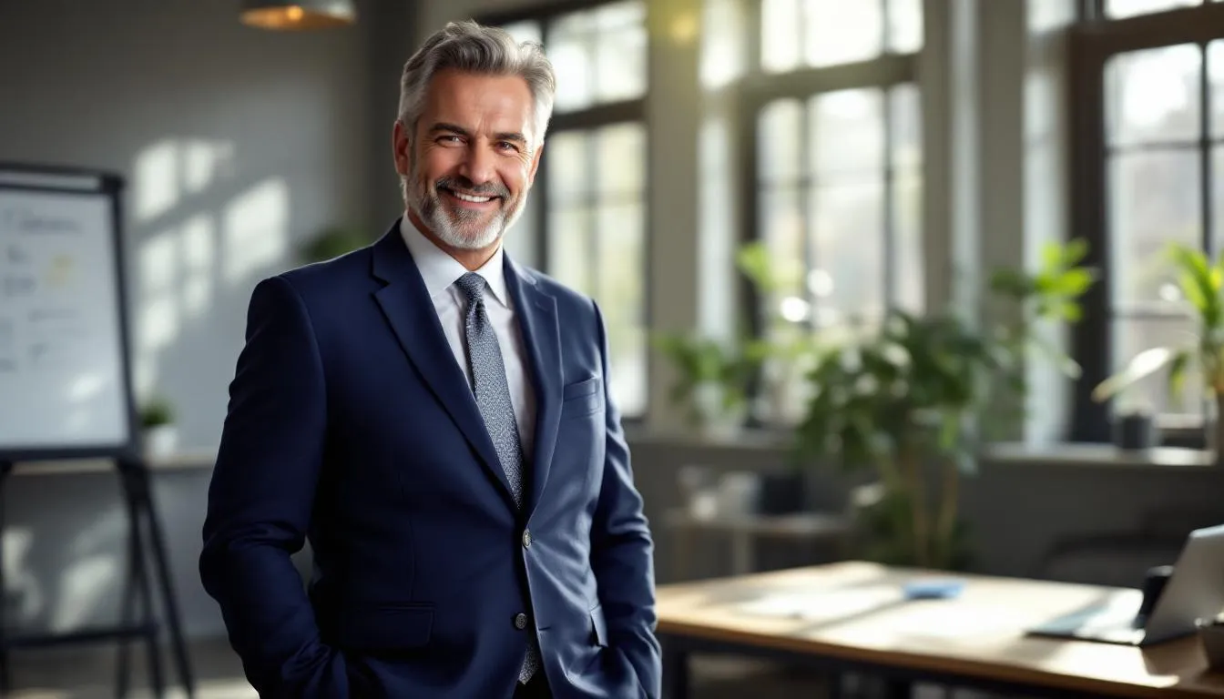 A self-employed business owner stands confidently, showcasing their success after securing a business loan from financial institutions. The image reflects the empowerment of small business owners who navigate their financial health through personal loans and effective credit management.