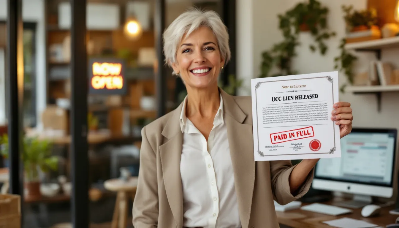 A small business owner stands triumphantly in their office, holding a document that signifies the removal of a UCC lien from their business credit report after successfully paying off their loan. The atmosphere is filled with a sense of accomplishment, reflecting the relief of having outdated UCC filings cleared from their records.
