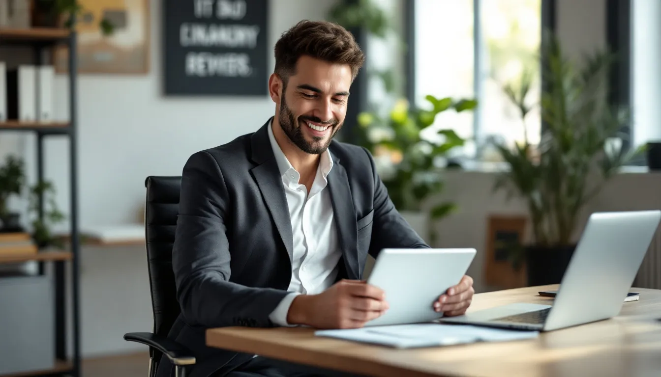 A confident small business owner reviews positive feedback from clients as they select a financial services provider to secure funding for expansion. This decision reflects their commitment to informed financial choices and long-term business growth.