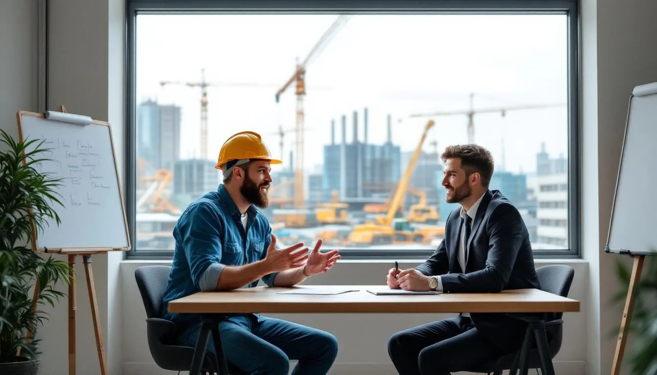 In an office setting, a construction contractor is engaged in a discussion with a business loan broker about working capital solutions, while outside the window, a busy construction site is visible. The meeting likely revolves around options such as a PayPal working capital loan or other business loans to support the contractor's financial needs.