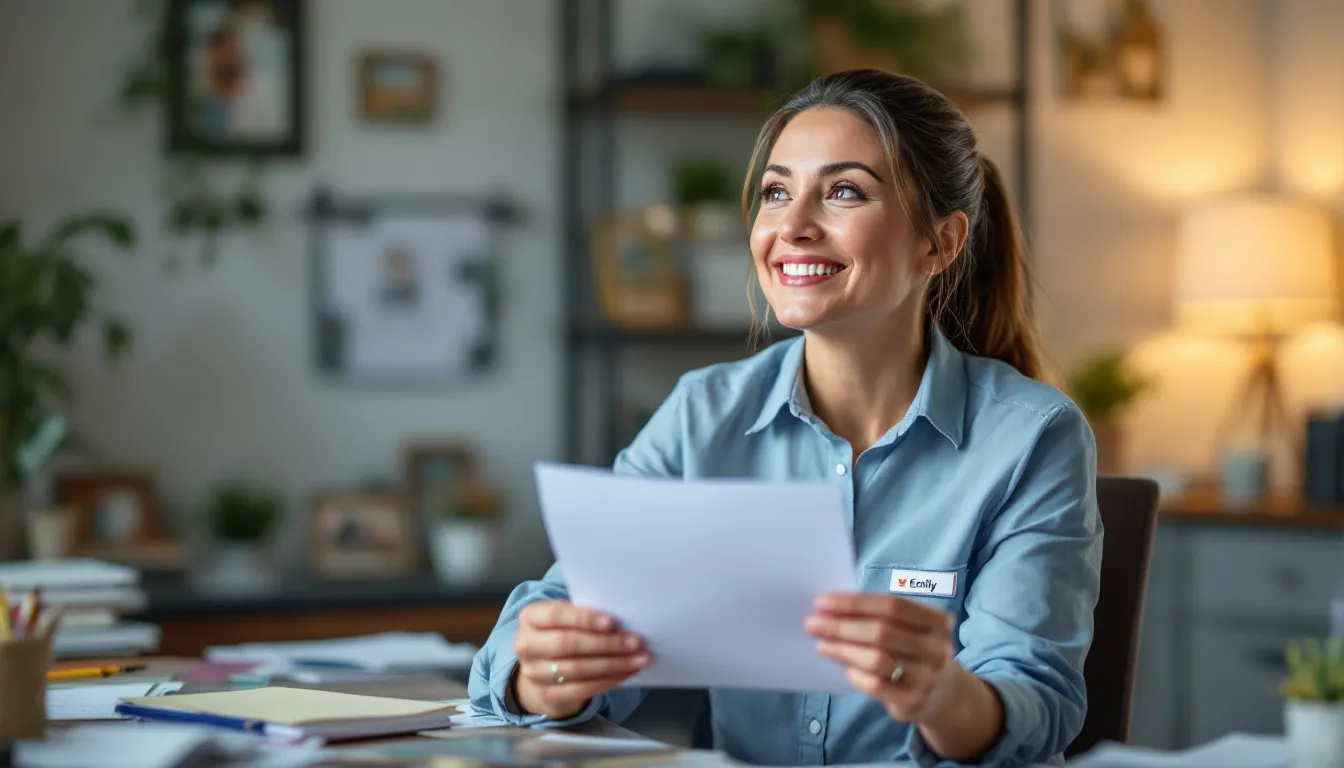 A small business owner, looking pleased and relieved, holds a business credit card in hand, celebrating the successful approval process that reflects their strong personal credit score and positive credit history. The background suggests a bustling office environment, symbolizing their thriving business and the potential for eligible purchases with this new credit card.