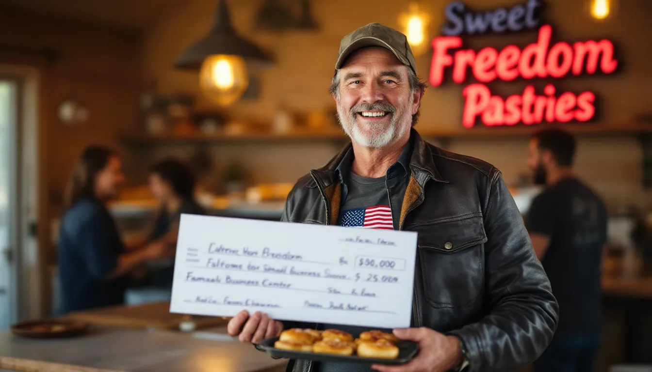 A happy USA military veteran, now a small business owner, smiles as they receive financial help, symbolizing the support available for veteran-owned businesses. This moment reflects the importance of financial security and resources like the USAA career starter loan in achieving business ownership and success.