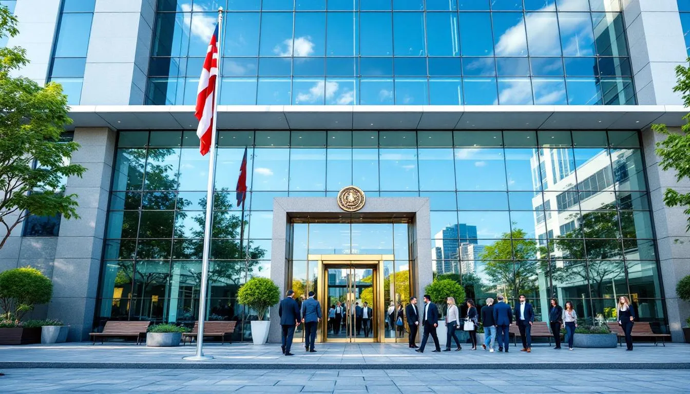 An image depicting a government agency office, showcasing a modern building with the agency's emblem prominently displayed. The setting conveys the importance of government contracts and the role of agencies in managing invoices and financing solutions for government contractors.