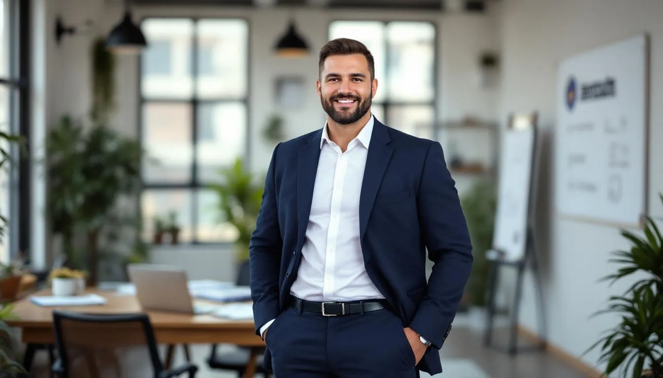 A confident small business owner stands proudly, showcasing the success achieved after receiving an SBA loan, which has provided vital funding for their business. The image reflects the positive impact of small business loans on entrepreneurs, particularly in low-income communities.