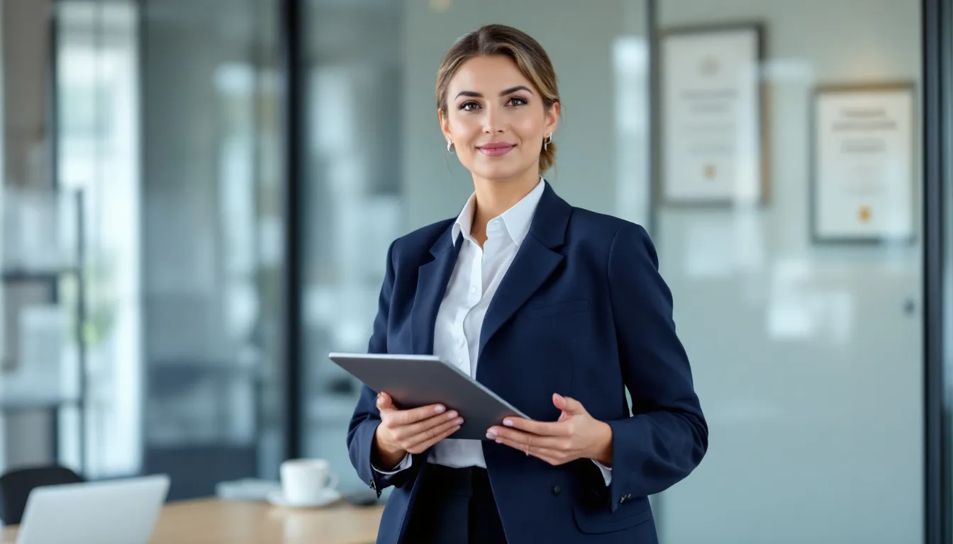 A confident marketing affiliate professional stands proudly, showcasing their success after joining a financial affiliate program, surrounded by marketing materials that highlight the best financial affiliate programs available. Their demeanor reflects the potential for earning commissions and driving traffic as an affiliate marketer in the financial industry.