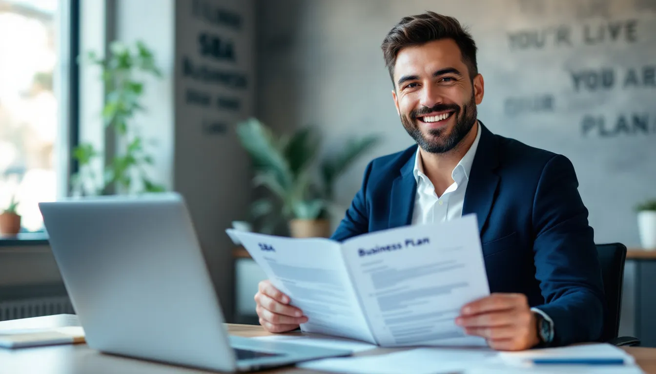 A confident small business owner stands proudly with a completed SBA business plan in hand, ready to submit it for an SBA loan request. This document serves as a vital tool for accessing funding and expanding their new business, showcasing the importance of preparation in the journey of business ownership.