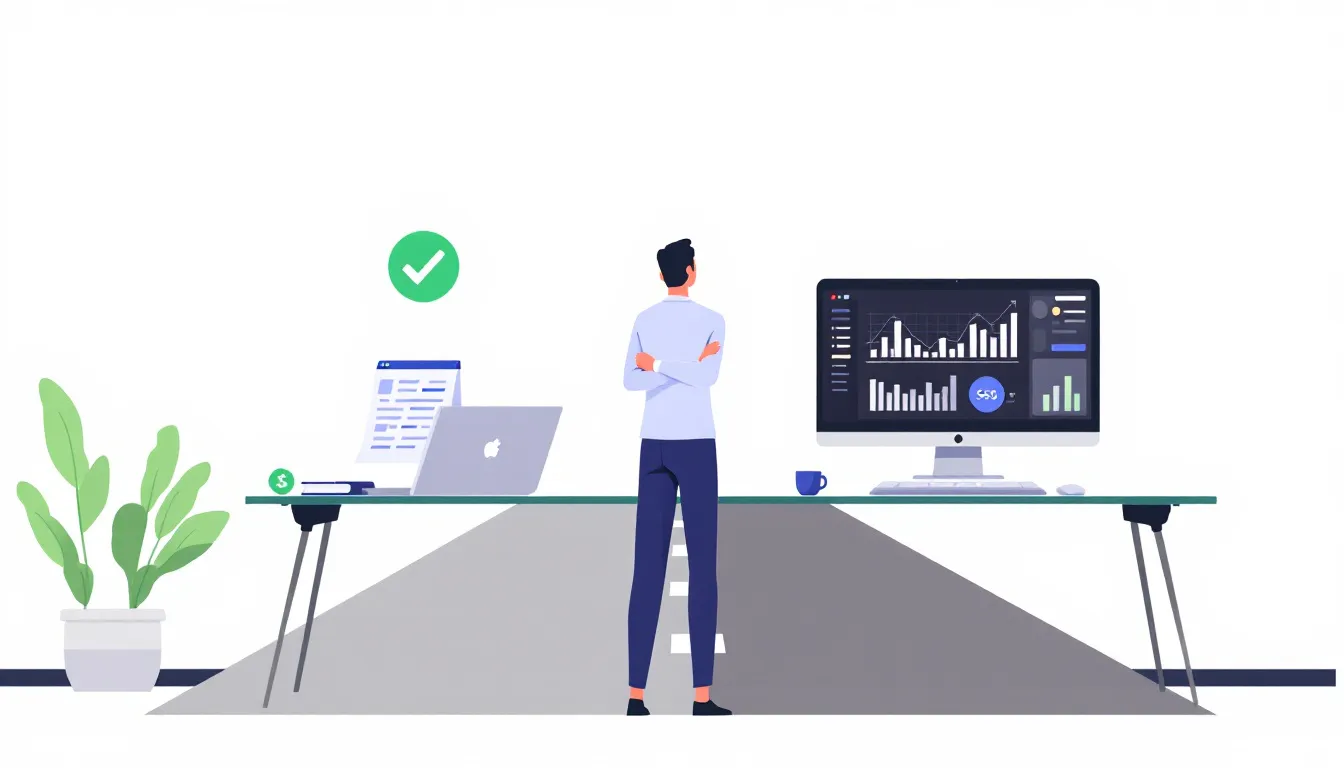 The image depicts a small business owner standing at a crossroads, contemplating two distinct pathways that represent different financial decisions, such as invoice financing and equipment financing. Both paths are visually appealing and symbolize good financial options, highlighting the importance of business financing for small business owners.