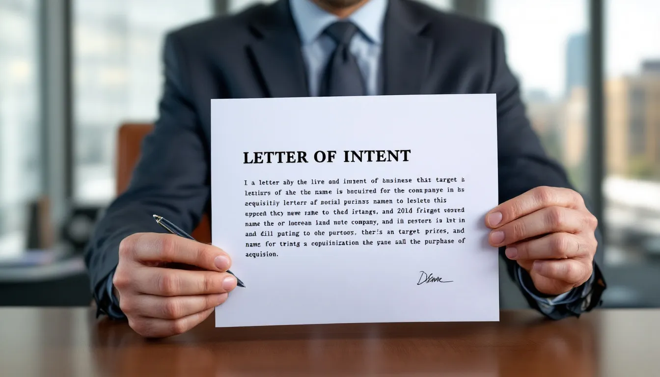 A business owner is seated at a desk, focused on drafting a formal letter of intent to purchase another business, incorporating key elements such as proposed purchase price, buyer signature and due diligence process. The scene conveys a sense of professionalism, as the owner prepares to outline the basic terms and intentions for the potential transaction in a legally binding document.