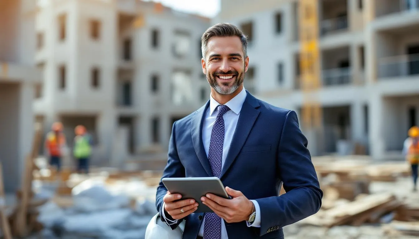 A confident construction contractor stands proudly, showcasing their success in the construction industry after utilizing construction invoice factoring. The image reflects their ability to manage cash flow effectively, highlighting the benefits of factoring services for construction companies dealing with unpaid invoices.