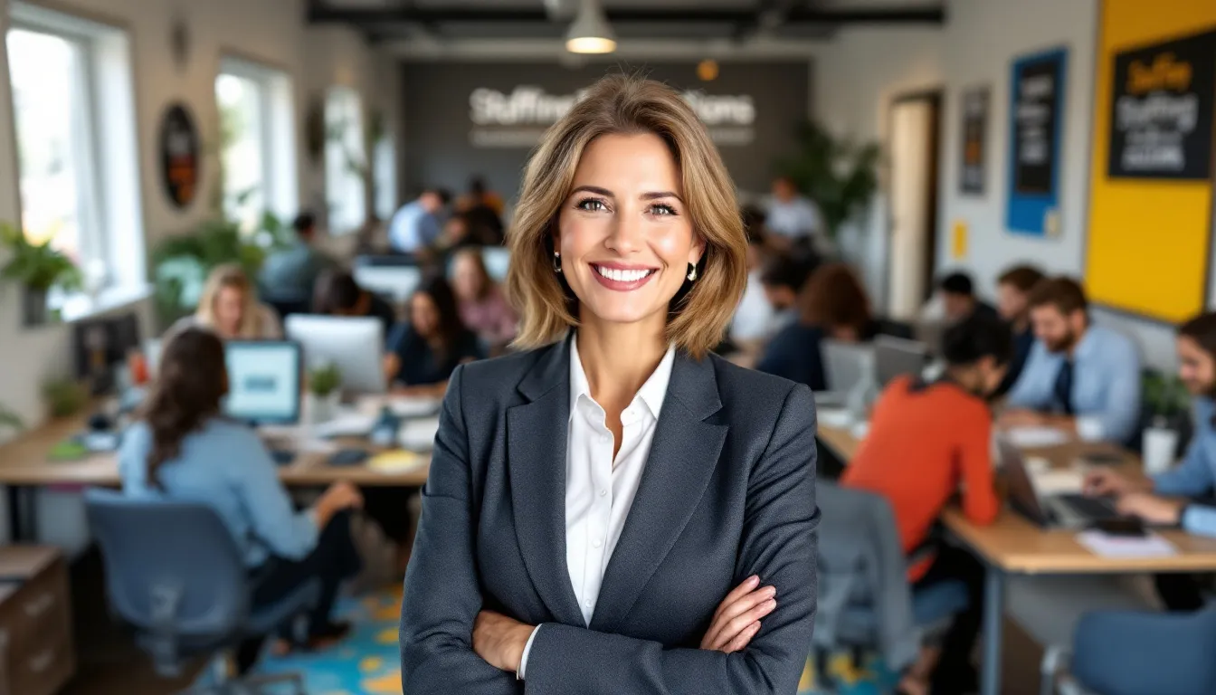 In a vibrant staffing agency office, a small business owner smiles confidently at the camera, surrounded by a team of happy workers, symbolizing the success of their express employment professionals franchise. The atmosphere reflects a thriving professional business setting, highlighting the potential of the temporary staffing industry.