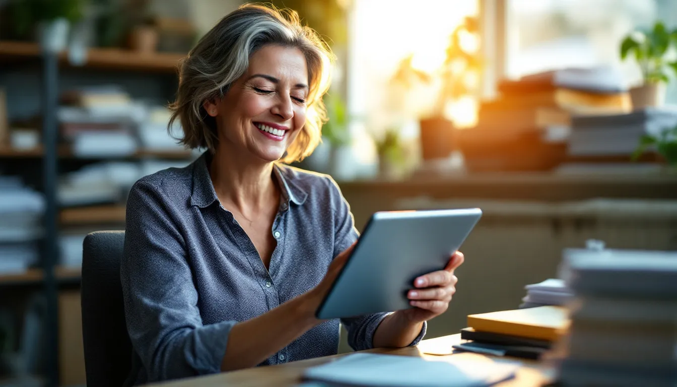 A small business owner smiles with satisfaction after selecting a suitable online banking option, appreciating features like easy account management and the absence of hidden fees. This decision reflects their positive financial journey, moving away from traditional banks to a more flexible business bank account.