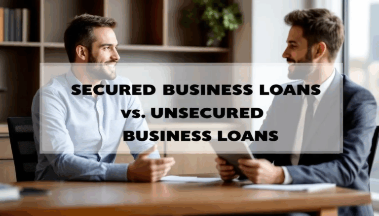 Secured Business Loans vs Unsecured Business Loans - In the image, a small business owner is engaged in a discussion with a lender about various business loan options, including secured and unsecured loans. A transparent overlay displays the title "Secured Business Loans vs. Unsecured Business Loans," emphasizing the importance of understanding credit scores and financial goals in the loan process.