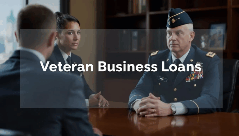 Veterans Business Loans - In the image, a small business owner in formal military attire is engaged in a discussion with a business loan broker about various business loan options. A transparent overlay prominently displays the title "Veteran Business Loans," emphasizing the focus on financing for veteran-owned small businesses.