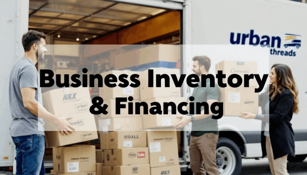 Business Inventory & Financing - In the image, employees are busy unloading a truck filled with inventory for a small clothing shop, while a transparent overlay in the center displays the title “Business Inventory & Financing” in bold black text. This scene highlights the importance of effective inventory management for small businesses.