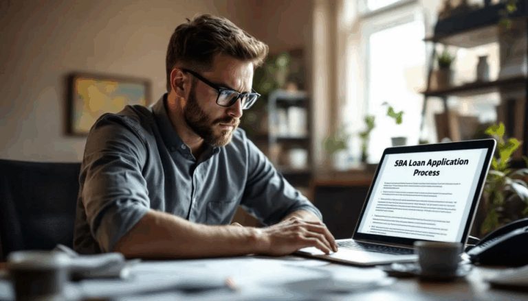 How Long Does It Take To Get An SBA Loan - A small business owner is sitting at a desk, intently reviewing documents related to the SBA processing time. The workspace is filled with papers, a laptop, and a notepad, indicating the complexity of the SBA loan process and the importance of understanding loan options for small businesses.