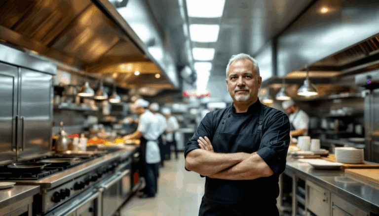 Restaurant Equipment Financing - In the image, a restaurant owner stands confidently in front of a bustling kitchen, showcasing the latest commercial kitchen equipment in use. This scene highlights the importance of restaurant equipment financing options for business owners looking to upgrade their kitchen appliances and enhance customer experience.