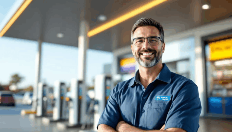 Gas Station Equipment Financing - A gas station owner stands proudly in front of a bustling gas station equipped with the latest technology, including a row of electric vehicle charging stations and a welcoming convenience store in the background, highlighting the growth and modernization of the gas station industry. This scene reflects the importance of gas station equipment financing for small business owners looking to enhance their existing locations.