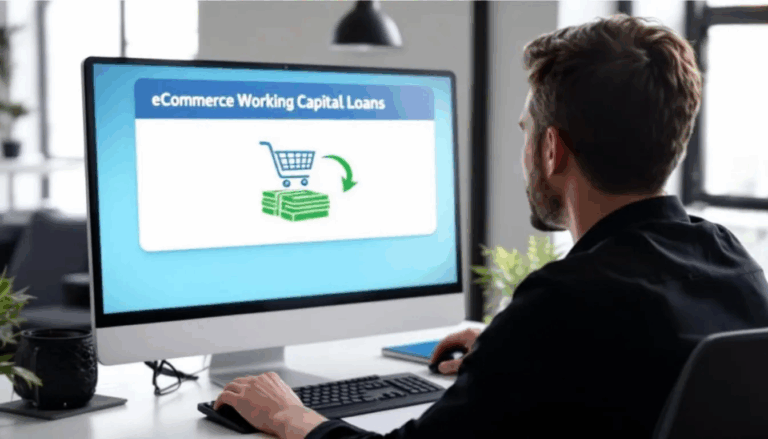 eCommerce Working Capital Loans - An ecommerce business owner is focused on a computer screen displaying an icon of a shopping cart with an arrow pointing to a stack of cash, accompanied by the title "eCommerce Working Capital Loans" at the top. This image highlights the importance of payment options like Shop Pay for Shopify merchants to boost sales and enhance the checkout experience.