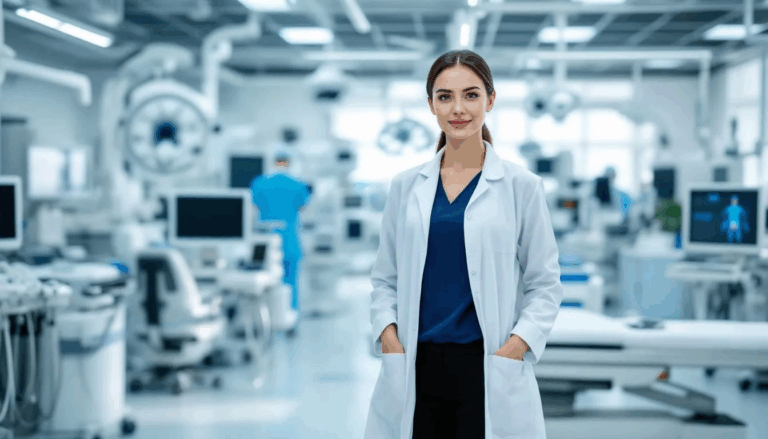 Medical Equipment Financing - A confident female medical professional stands in a modern healthcare facility surrounded by advanced medical equipment, highlighting the importance of medical equipment financing for healthcare providers to enhance patient experience and support their practice growth. The pristine environment reflects the value of investing in the right equipment through flexible financing options and leasing programs.