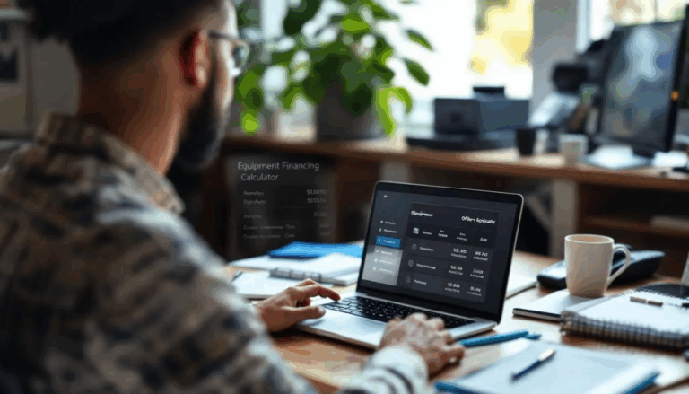 Equipment Financing Loan Calculator - A small business owner is focused on using an online equipment financing loan calculator to estimate the costs associated with purchasing new office equipment, with details about monthly payments and interest rates visible in the background. The scene conveys the importance of understanding financing options for equipment loans and their impact on business investments.