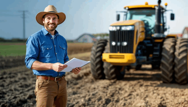 Farm Equipment Finance - A farmer stands proudly in front of new agricultural equipment, showcasing the successful completion of a farm equipment financing deal, highlighting the value of flexible financing options available for purchasing ag equipment. The scene captures the farmer's satisfaction with the competitive rates and the advantages of financing for enhancing farm operations.
