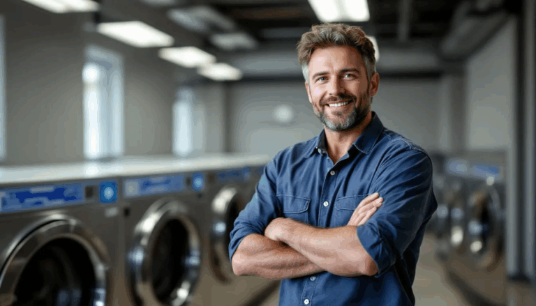 Laundry Dry Cleaning Equipment Finance - A laundromat owner smiles at the camera while brand new washers and dryers are being installed in the background, highlighting the importance of laundry equipment financing for a successful laundromat business. The scene symbolizes the investment in commercial laundry equipment to enhance operational efficiency.