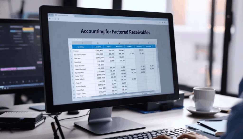 Accounting For Factored Receivables - An image of a computer screen displays accounting software featuring a spreadsheet titled "Accounting for Factored Receivables," showcasing various entries related to accounts receivable financing and cash flow management. The interface highlights key elements such as unpaid invoices, factoring fees, and payment terms, essential for optimizing business operations and addressing cash flow challenges.