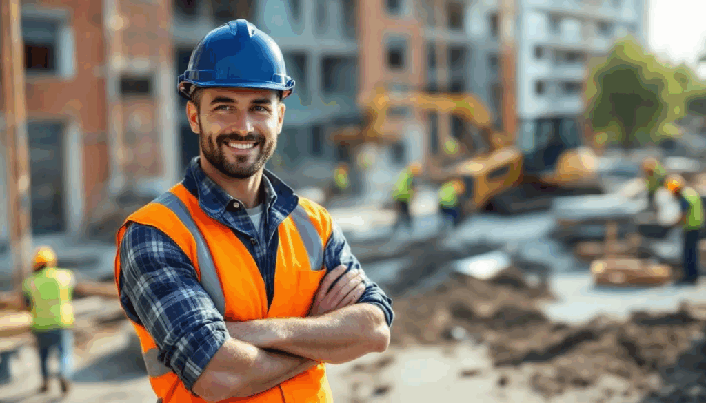 Construction Invoice Factoring - A confident construction contractor smiles at the camera while a busy crew works on a construction site behind him, illustrating the benefits of construction invoice factoring for improving cash flow and supporting business growth in the construction industry. The scene conveys a sense of success and reliability, highlighting the importance of factoring services for construction companies managing outstanding invoices.