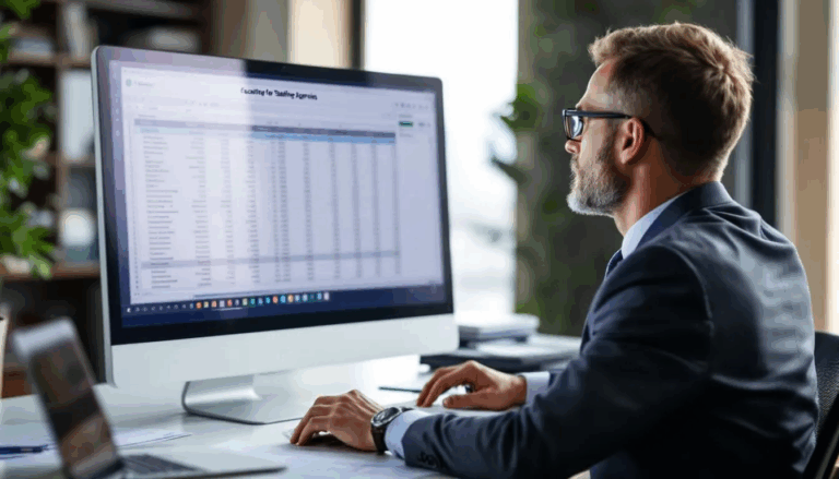 Factoring for Staffing Agencies - A staffing agency business owner is focused on a computer screen displaying a spreadsheet titled "Factoring for Staffing Agencies," which outlines accounts receivable and highlights the importance of managing unpaid invoices and cash flow to cover payroll expenses. The image emphasizes the financial solutions available through staffing agency factoring to cover operational expenses and meet payroll obligations.