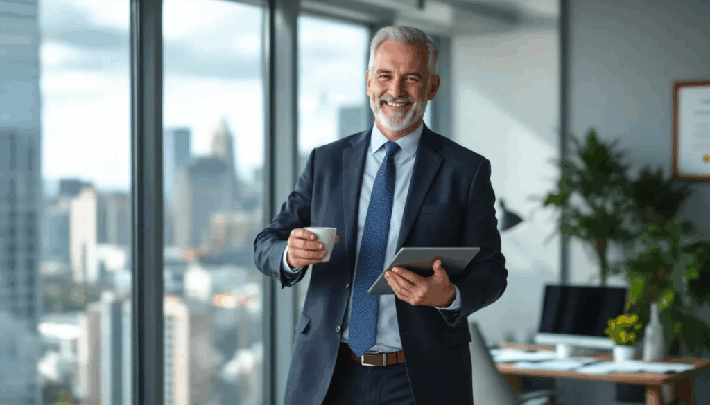 Government Contract Factoring - A confident government contractor stands in an office, smiling as they review their finances, having successfully utilized government contract factoring to address cash flow challenges and cover operational expenses related to unpaid invoices from government agencies. The contractor feels empowered by the immediate working capital gained through factoring government receivables, ensuring smooth operations despite lengthy payment cycles.