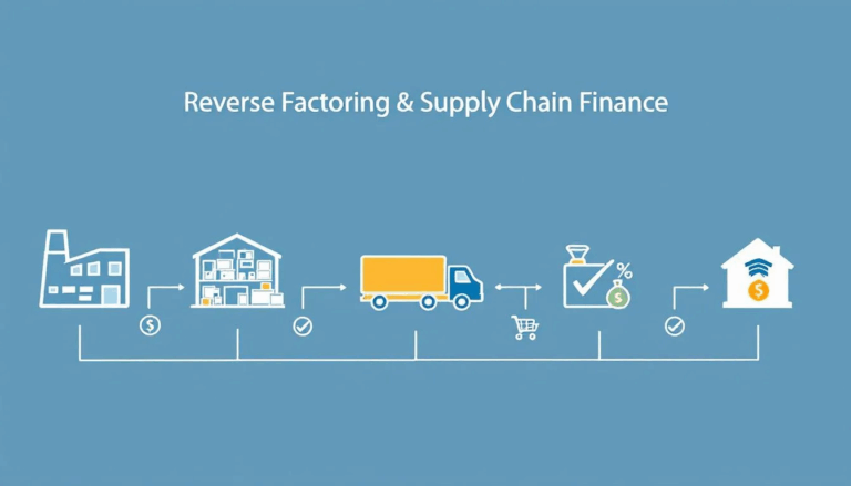 Reverse Factoring and Supply Chain Finance - The image illustrates the concept of supply chains through various icons, showcasing the flow of goods and services, with the title "Reverse Factoring & Supply Chain Finance" prominently displayed at the top. This visual representation highlights the interconnectedness of businesses, which can benefit from financial tools and support to enhance their cash flow and operational success.